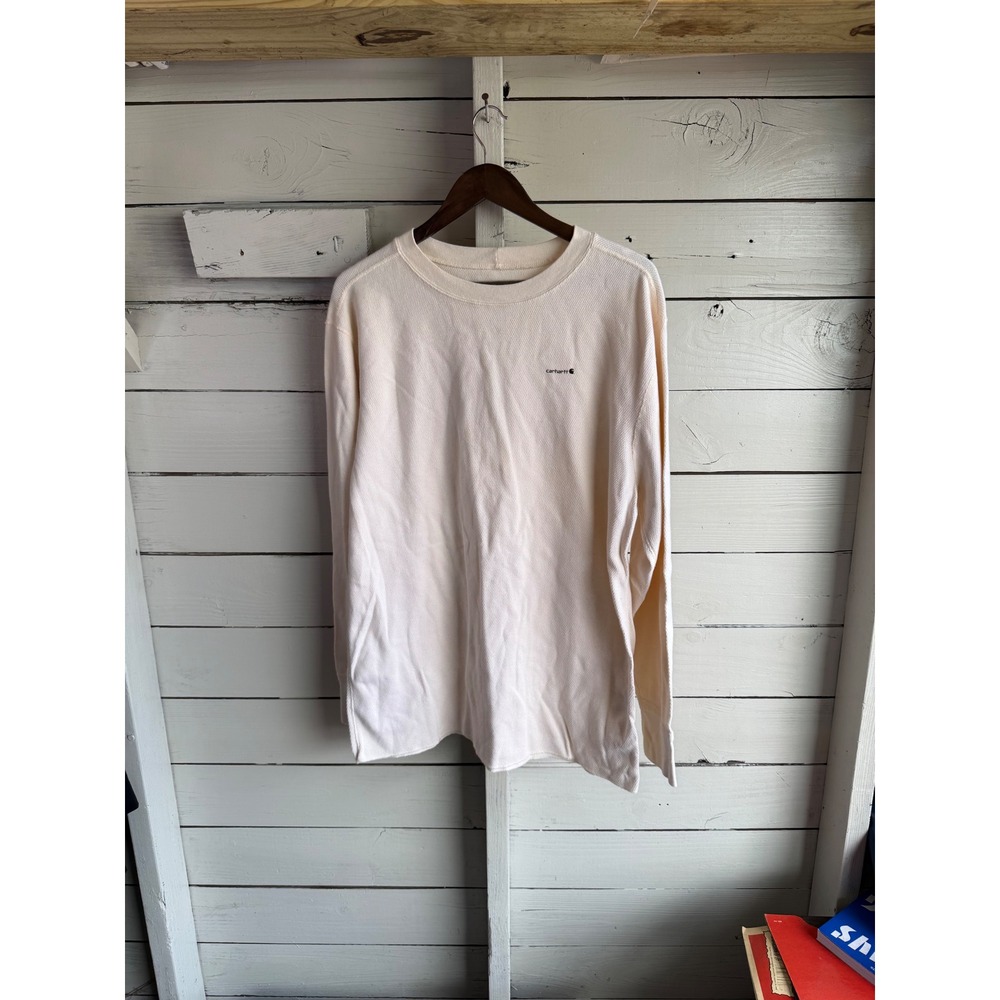 Carhartt Mens XL Waffle Knit Thermal Long Sleeve Shirt Cream Off White Logo